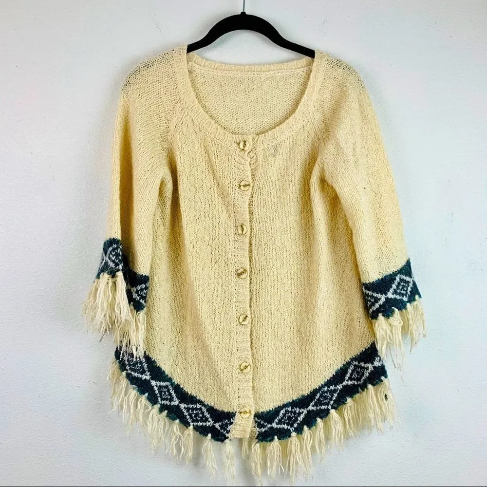 Vintage Fringe Knit Button Front Poncho Sweater